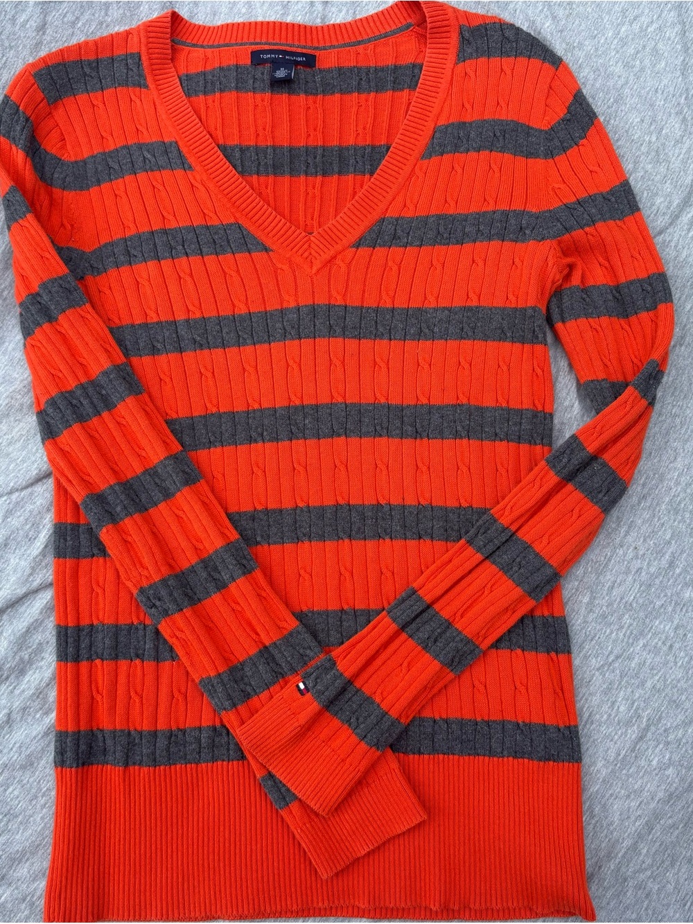 Tommy Hilfiger Bright Orange & Charcoal Striped V-Neck Sweater